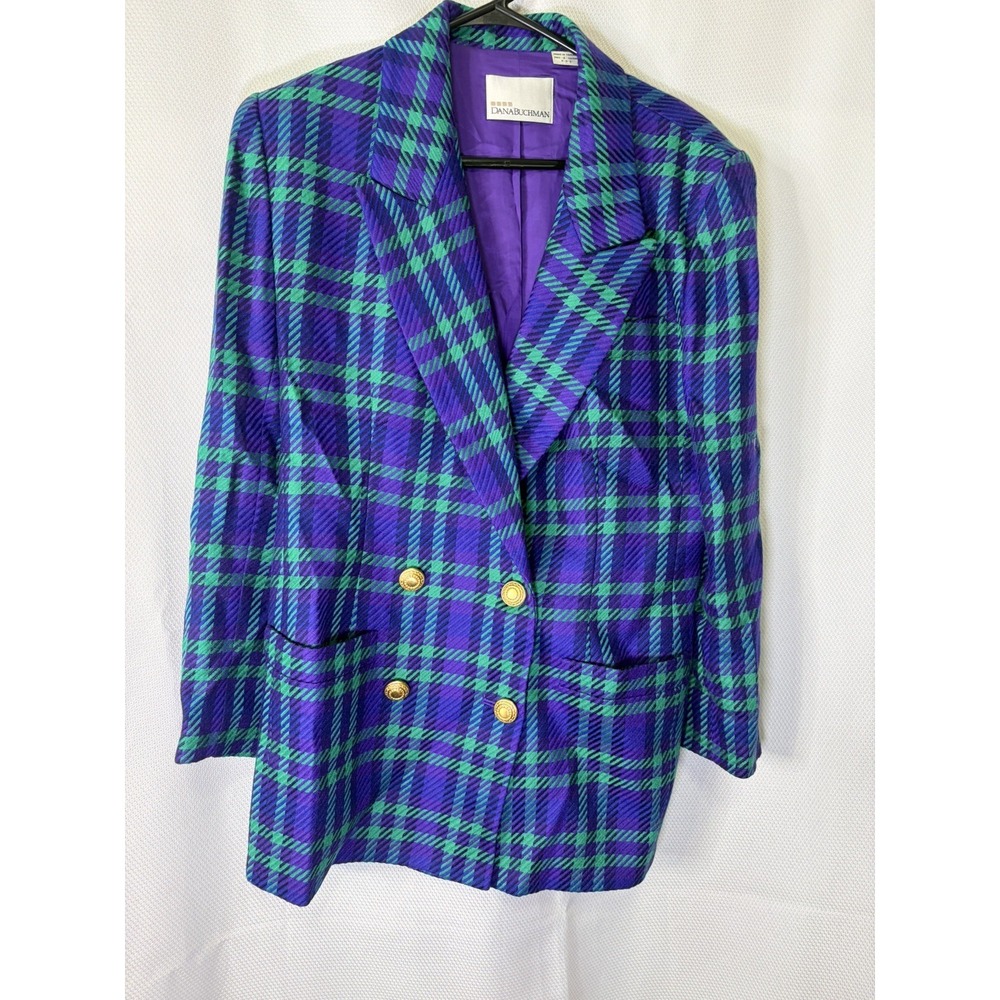 Vtg 80s 90s Dana Buchman 100% Wool Plaid Blazer Double Breasted Purple Teal 10